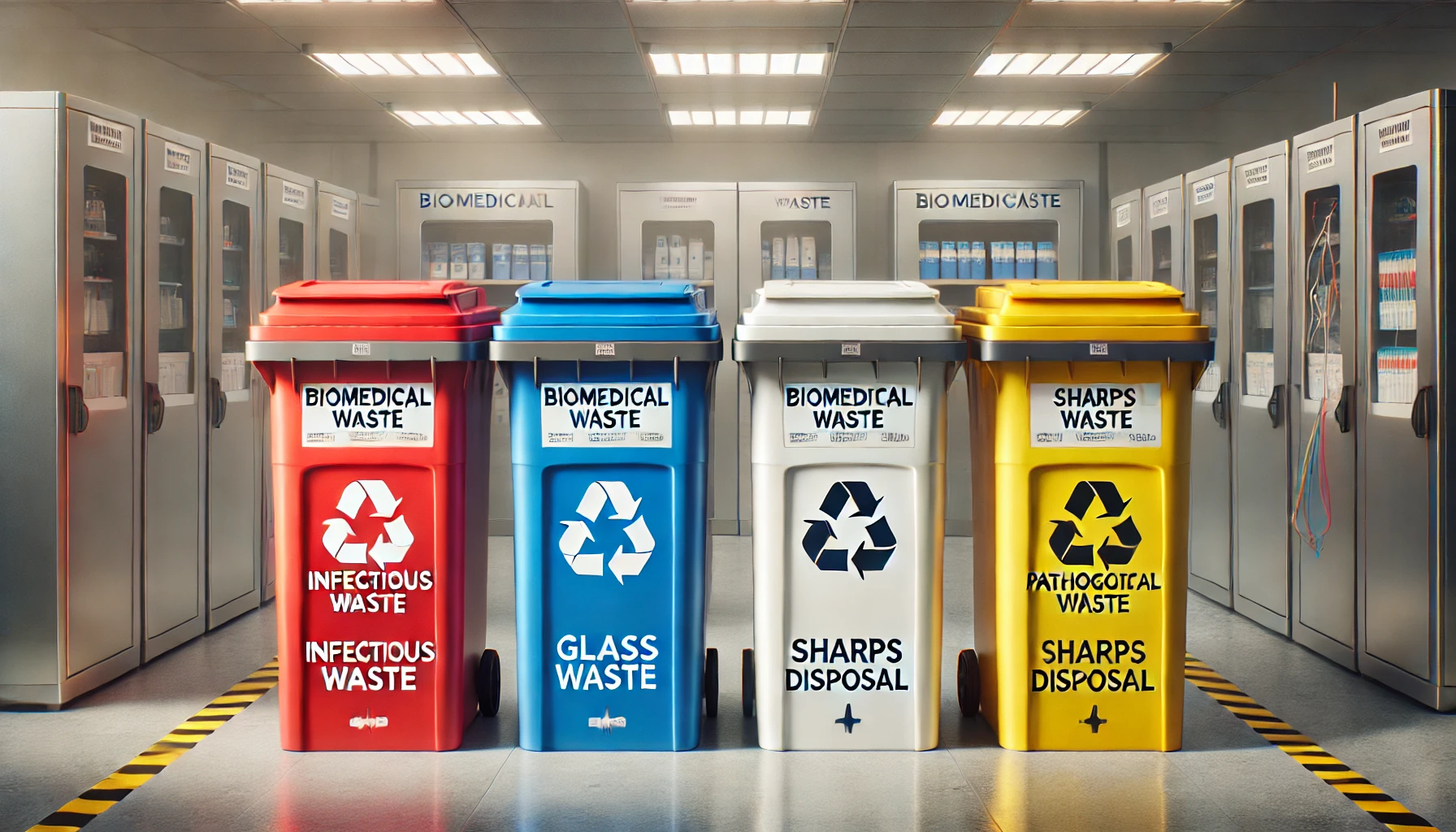 Bio-Medical Waste Management Bins showing Infectious Waste, Glass Waste, and Sharps Disposal